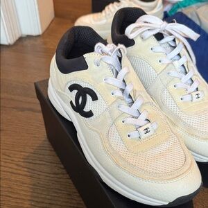 CHANEL Cream and Black Logo Sneakers